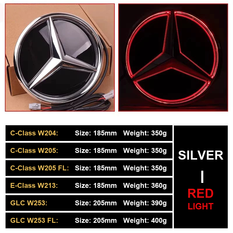 Chrome silver LED grille star with red light, size and weight chart