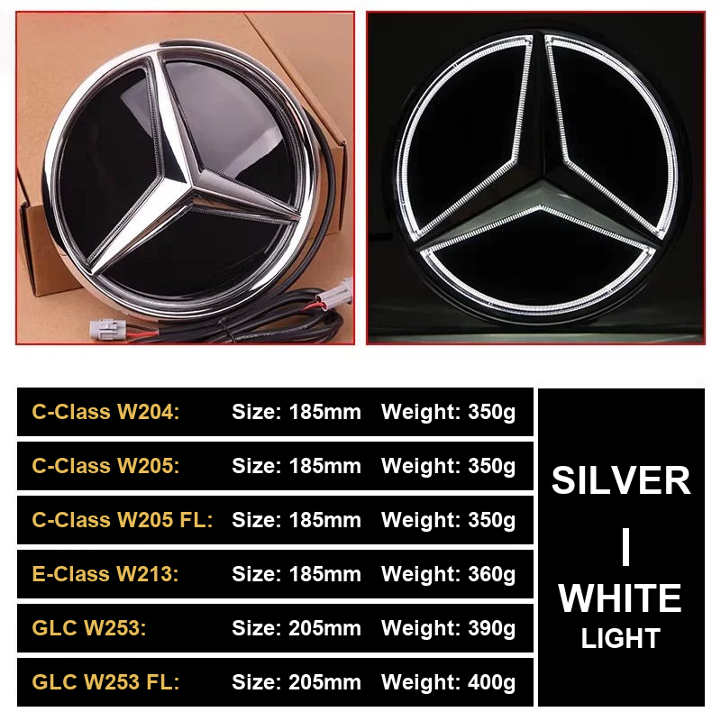 Chrome silver LED grille star with white light, size and weight chart