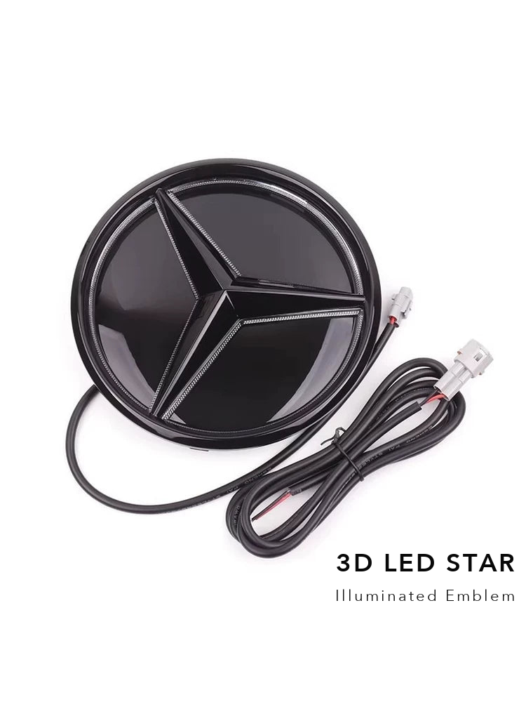 Gloss black 3D LED star emblem with wiring harness and plug connectors