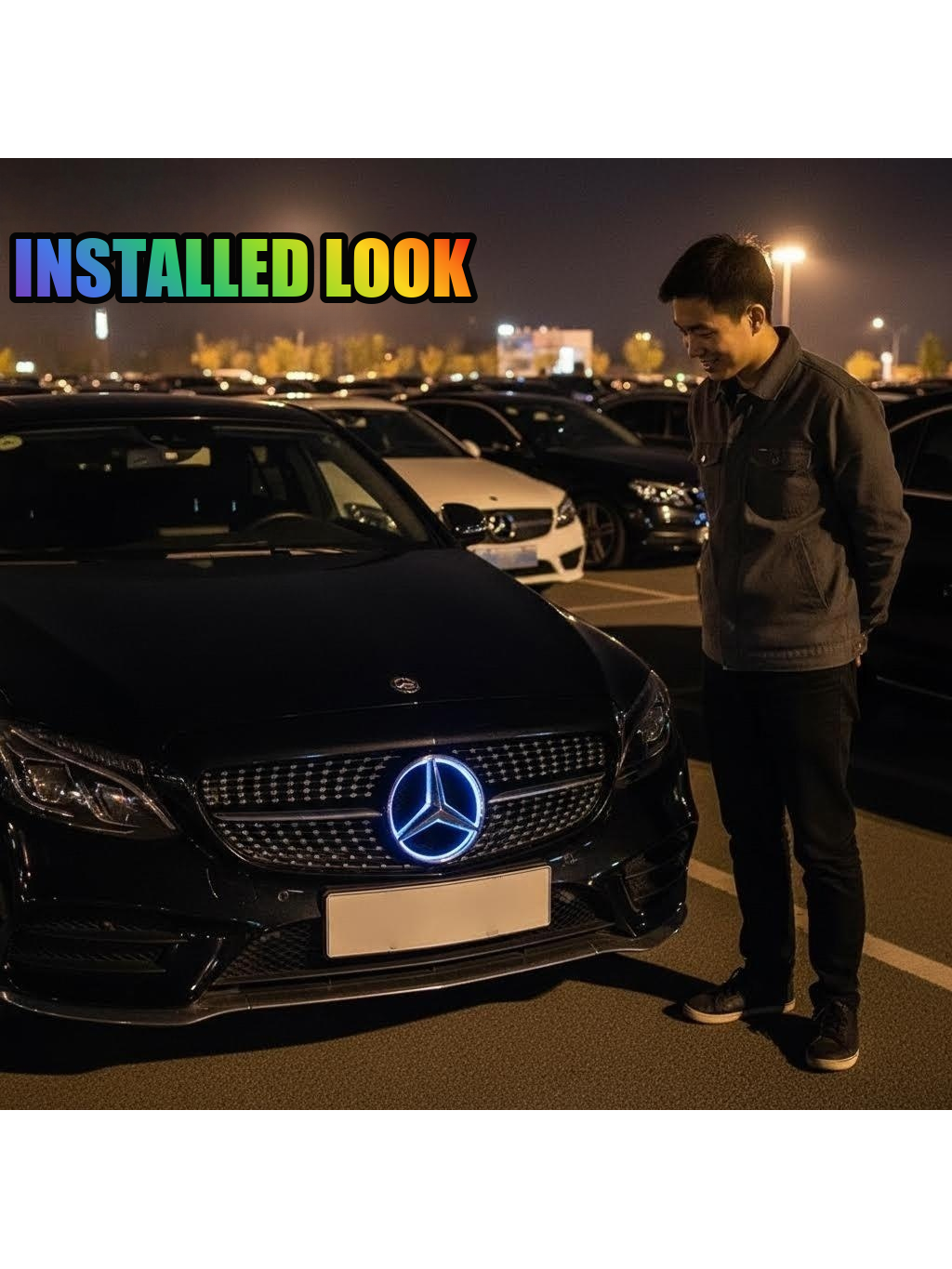 Mercedes-Benz illuminated LED grille star installed on a C-Class at night