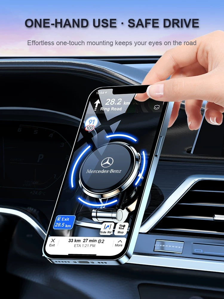 One-hand use Mercedes-Benz magnetic phone mount with phone attached