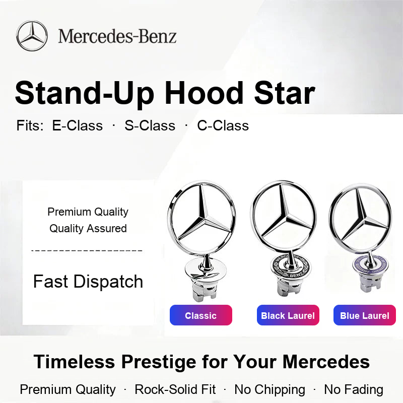 Mercedes-Benz stand-up hood star in Classic, Black Laurel and Blue Laurel styles for E-Class, S-Class and C-Class