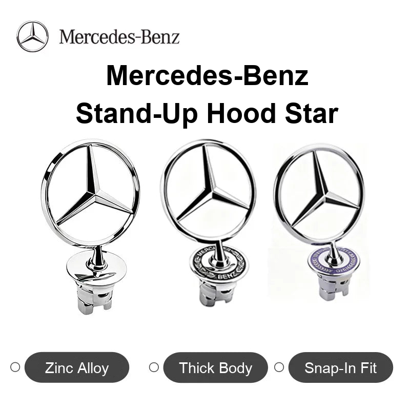 Mercedes-Benz stand-up hood star ornament – zinc alloy, thick body, snap-in fit