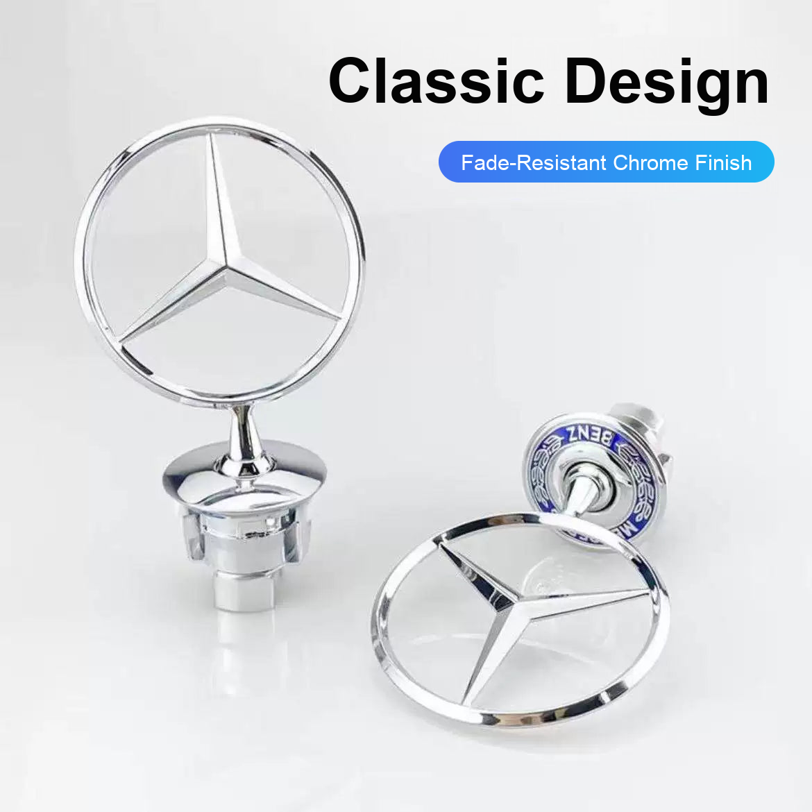 Mercedes-Benz chrome hood star with fade-resistant chrome finish