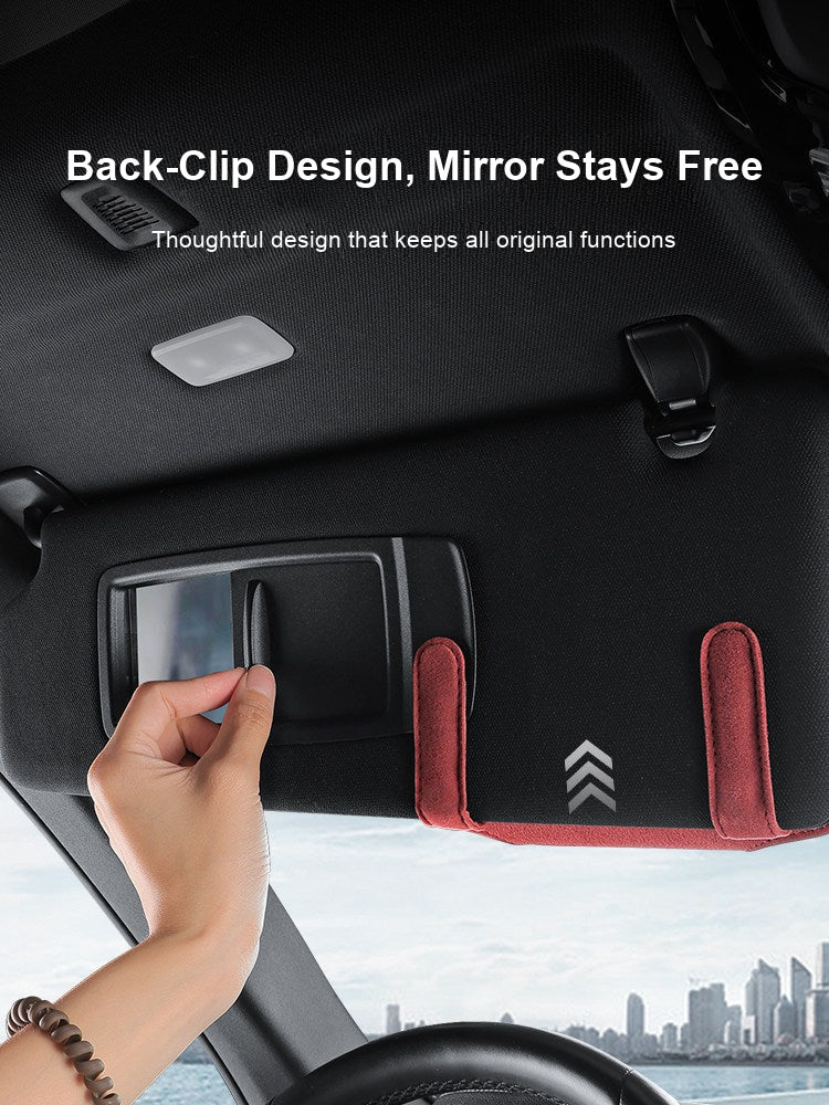 Back-clip design mounts on the sun visor without blocking the mirror