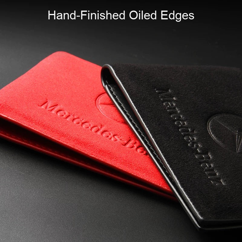 Hand-finished oiled edges on Mercedes-Benz suede license cover