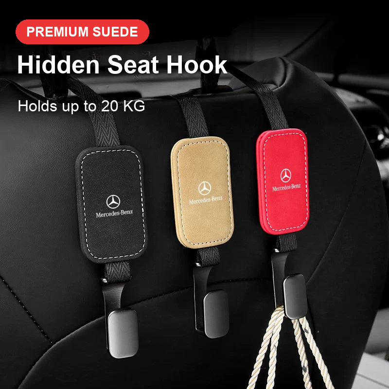 Mercedes-Benz suede seat back hooks in black, beige and red on a car headrest