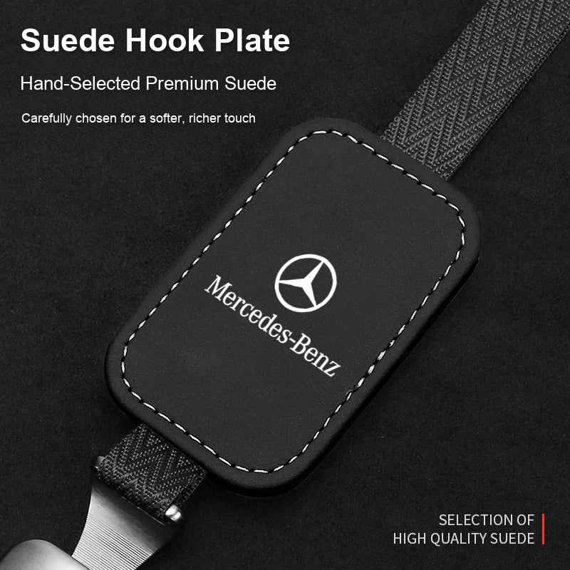 Mercedes-Benz suede hook plate close-up with contrast stitching
