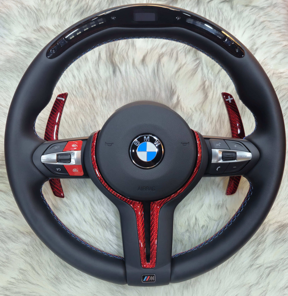 Nappa leather red carbon trim LED steering wheel for BMW F series - front view