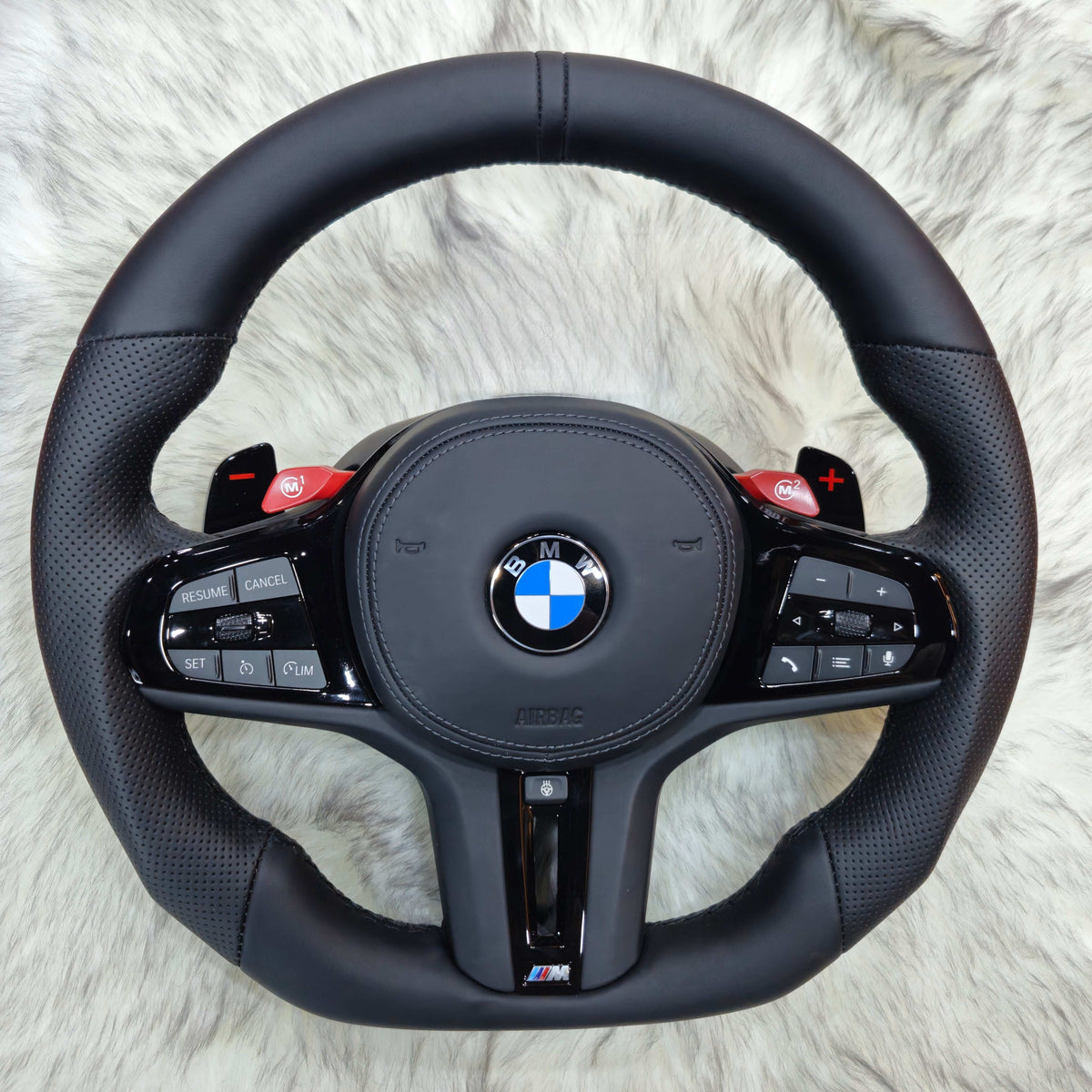Perforated Nappa leather black trim steering wheel for BMW G series - front view