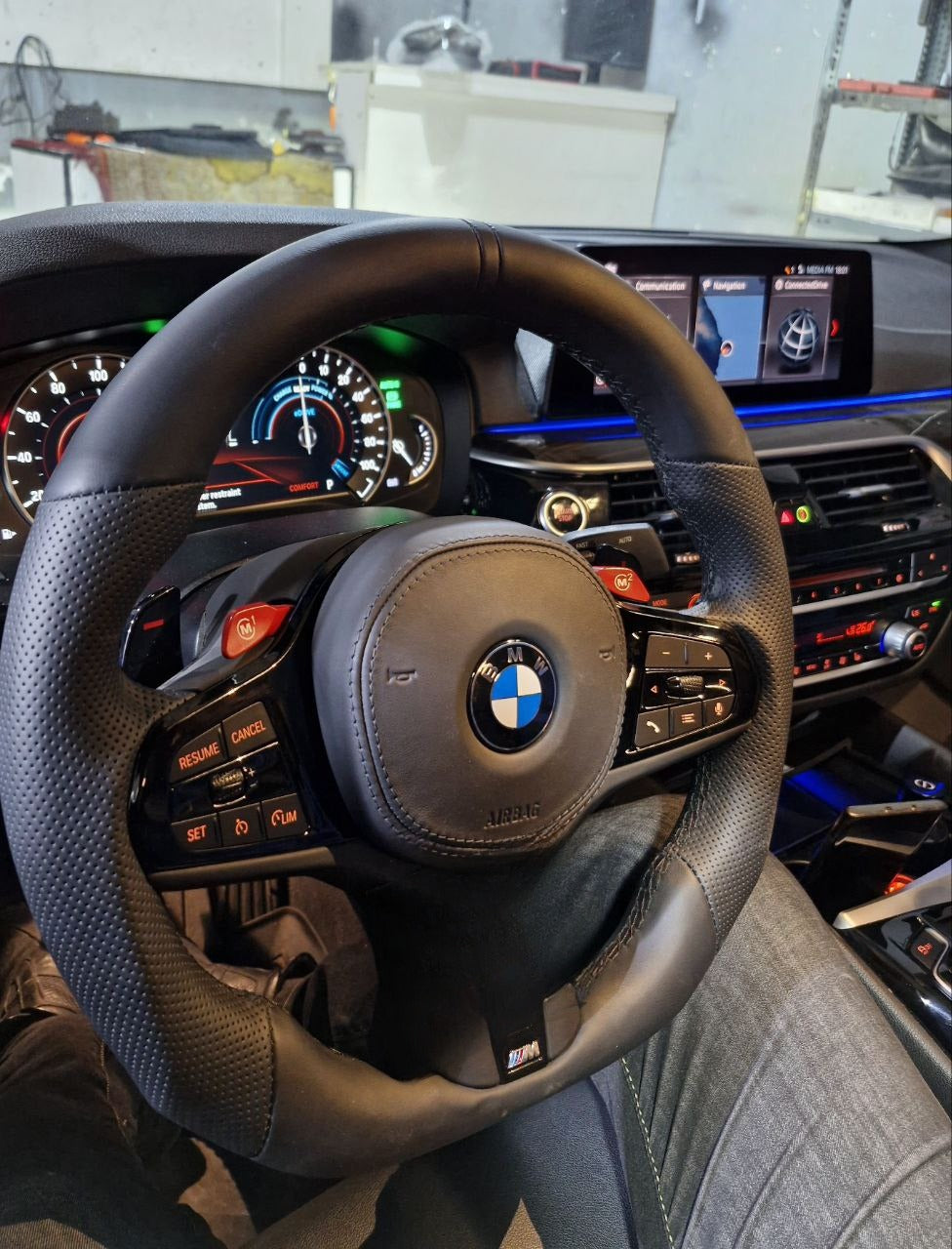 Perforated Nappa leather black trim steering wheel for BMW G series - installed in car