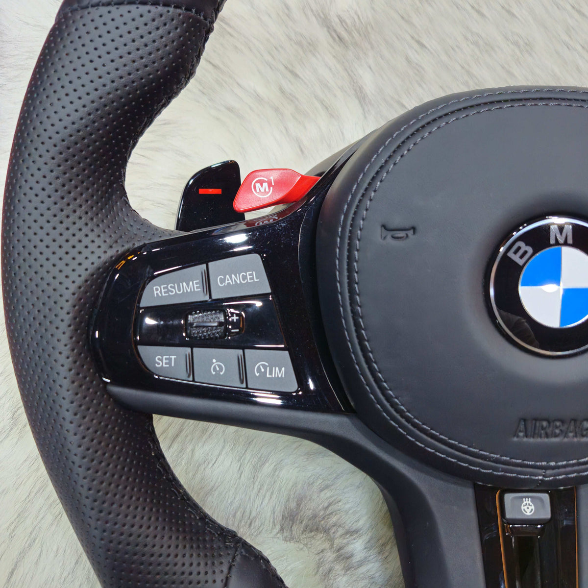 Perforated Nappa leather black trim steering wheel for BMW G series - side view