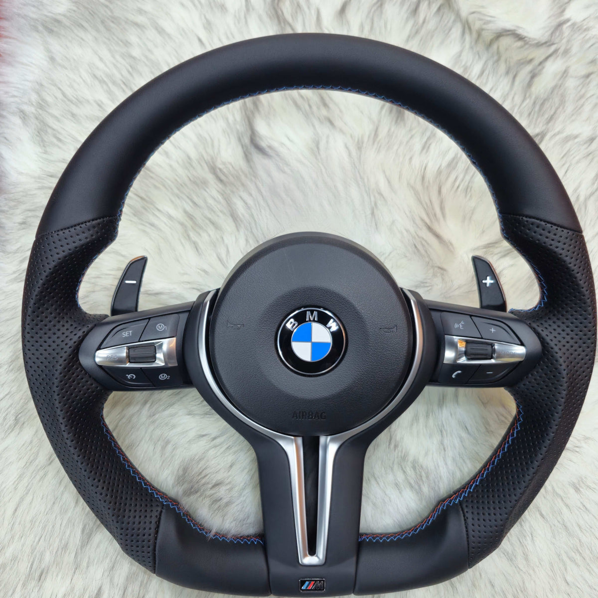 Perforated Nappa leather silver trim steering wheel for BMW F series - front view