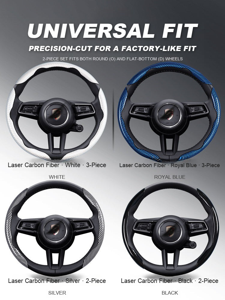 Universal fit carbon fiber steering wheel grip sleeves in white, royal blue, silver and black