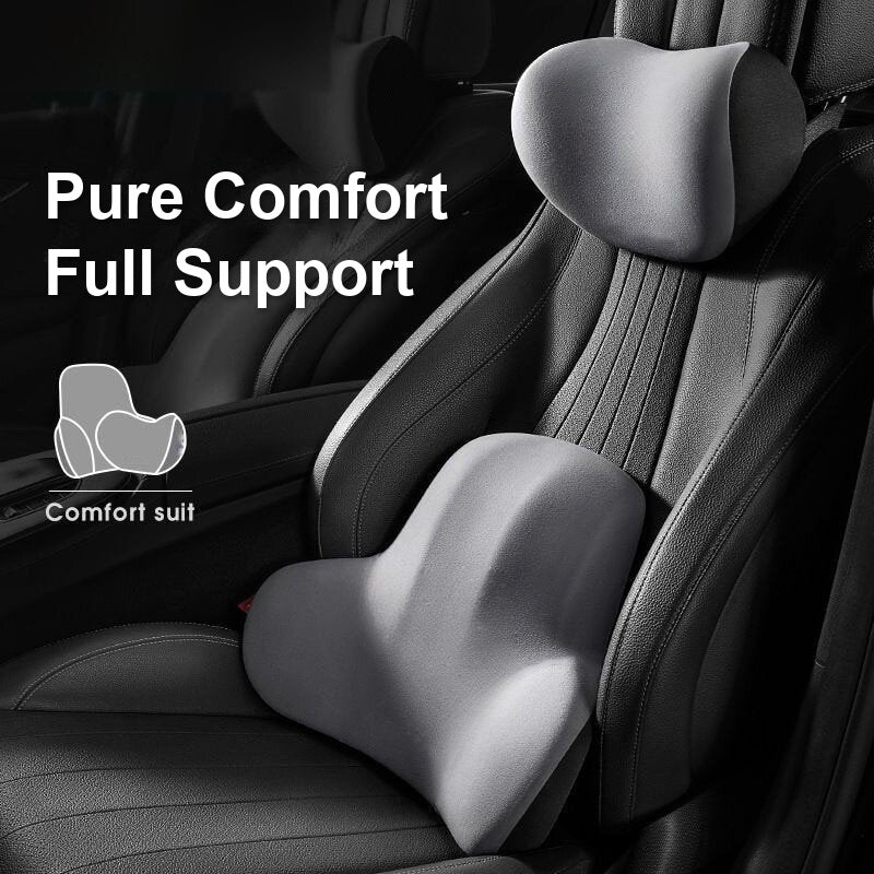 Porsche neck pillow and lumbar cushion comfort set fitted on a car seat