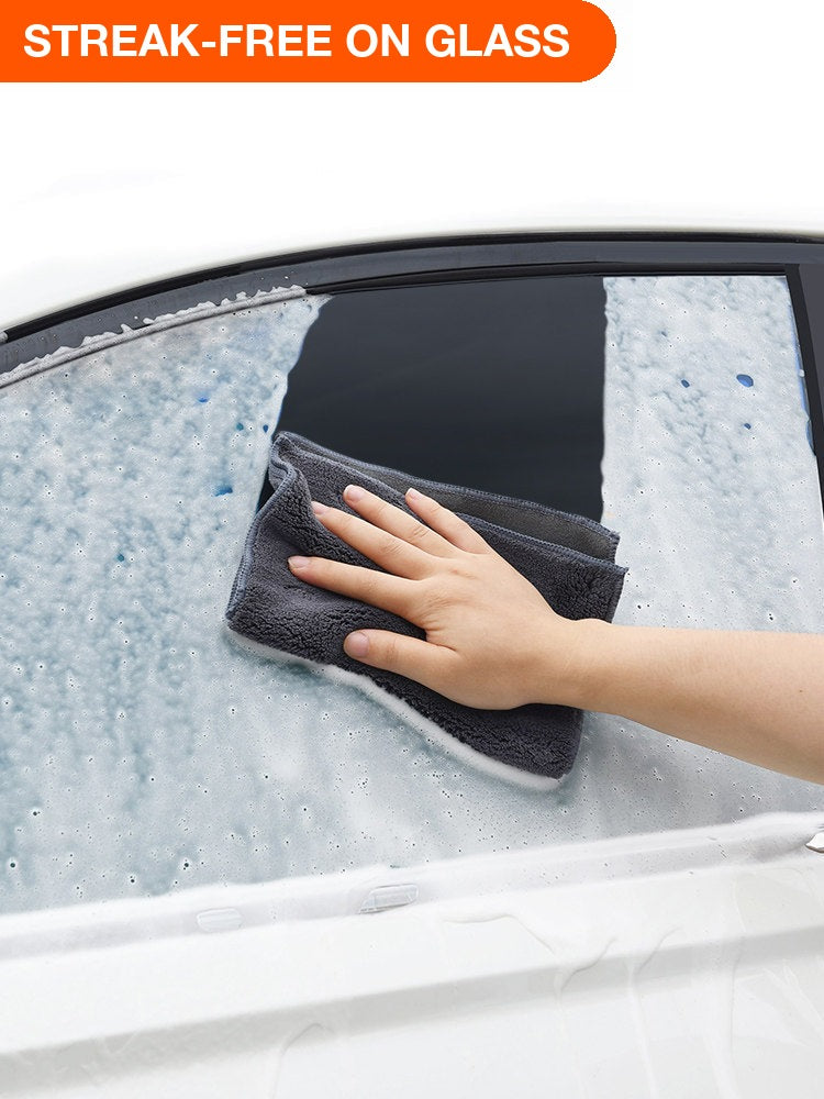 Porsche coral fleece towel drying car glass streak-free
