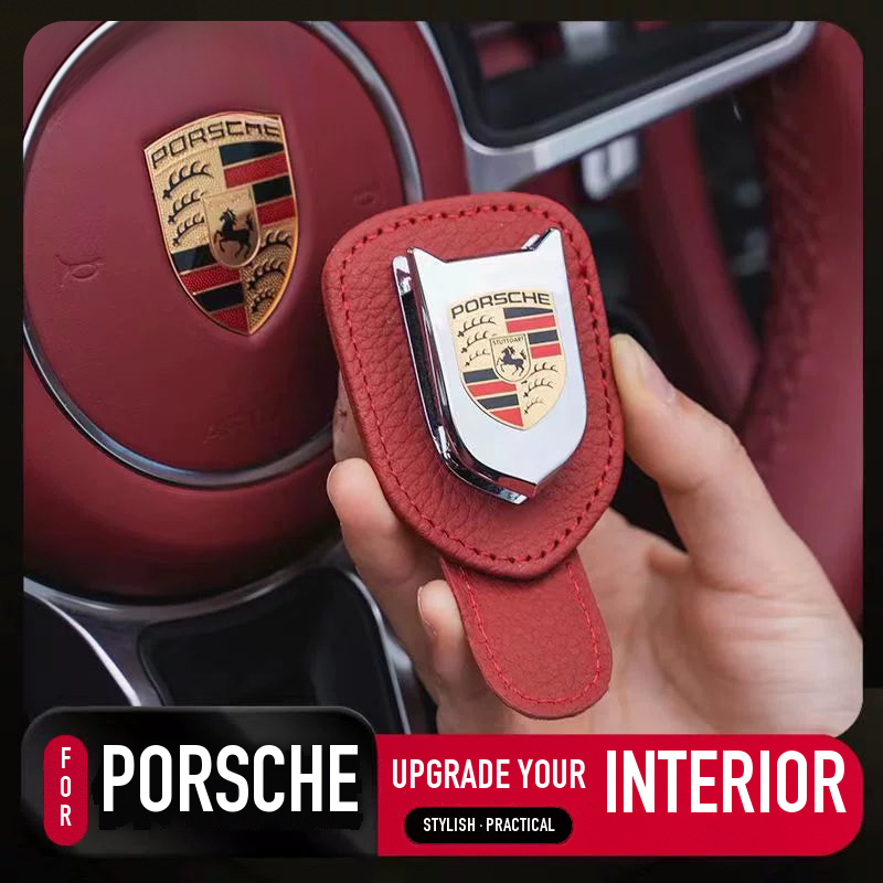 Porsche crest sun visor glasses clip in Bordeaux Red – Porsche interior collection