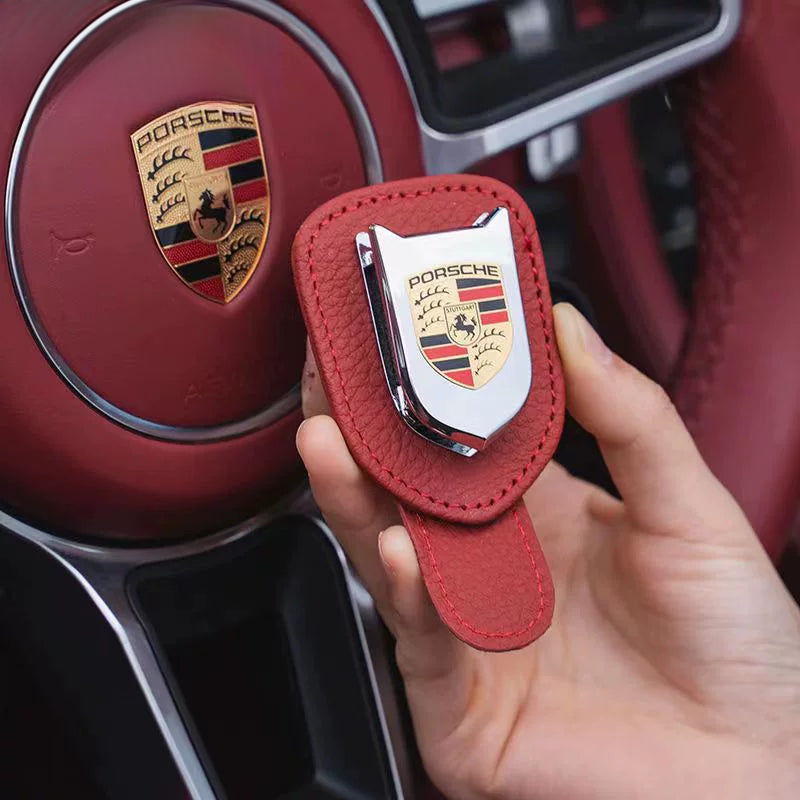 Porsche crest sun visor glasses clip in Bordeaux Red