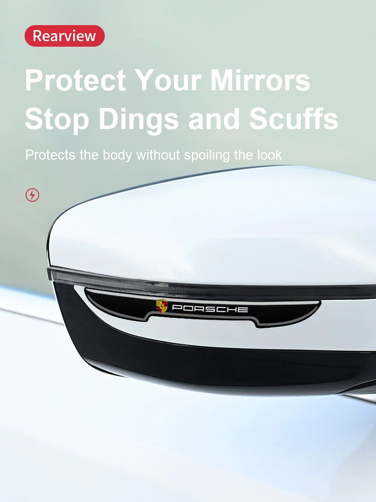 Porsche crest guard strip fitted to a rear-view mirror edge