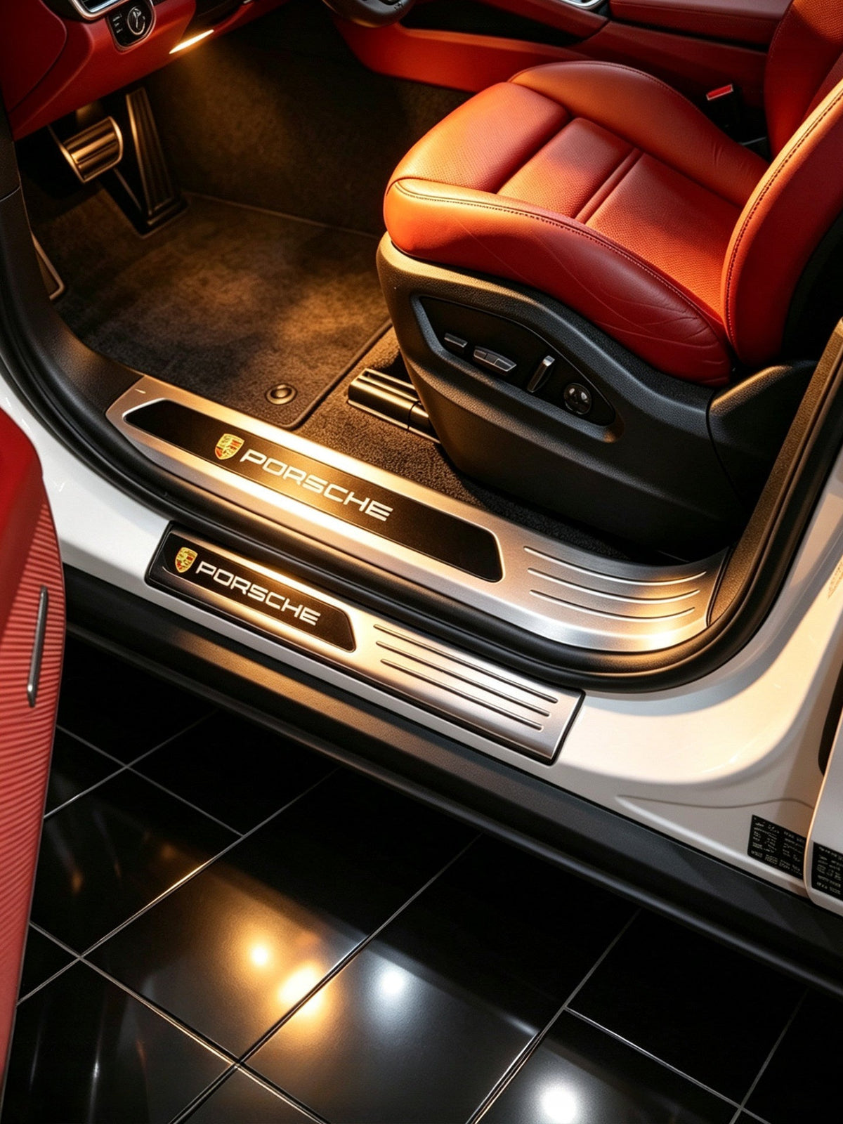 Porsche door sill protectors, silver titanium brushed finish
