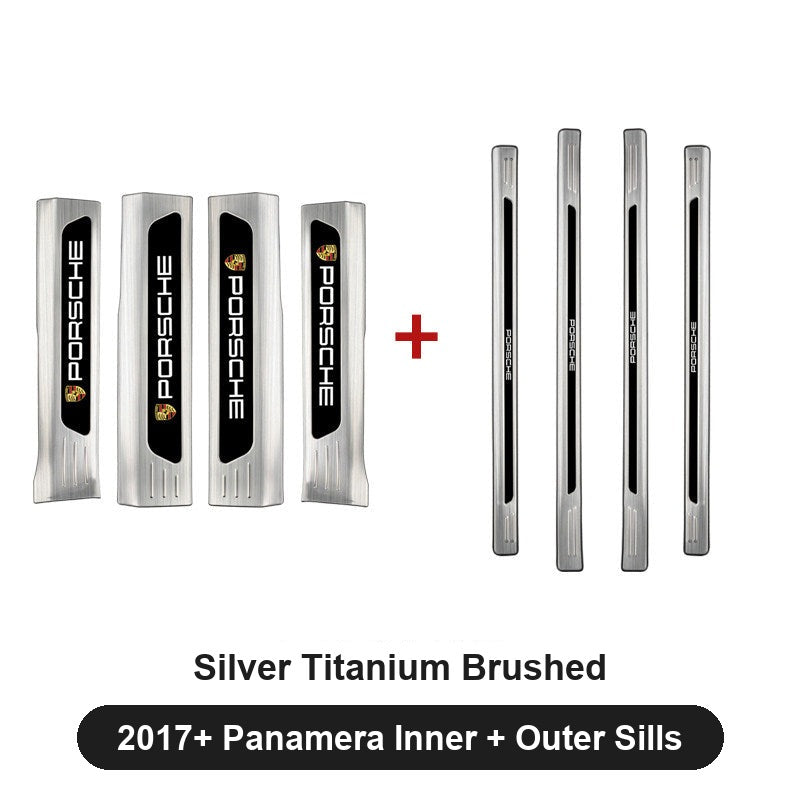 Porsche door sill guards – Silver Titanium Brushed, 2017+ Panamera Inner + Outer Sills