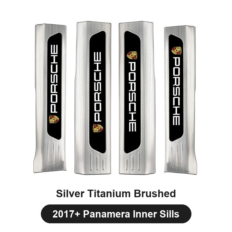 Porsche door sill guards – Silver Titanium Brushed, 2017+ Panamera Inner Sills