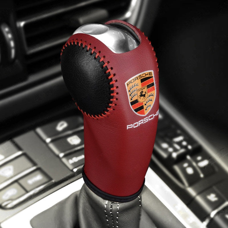 Porsche gear knob cover – volcano red with black leather grip