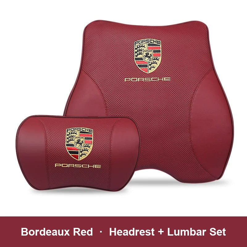 Porsche leather headrest pillow – Bordeaux Red, Headrest + Lumbar Set
