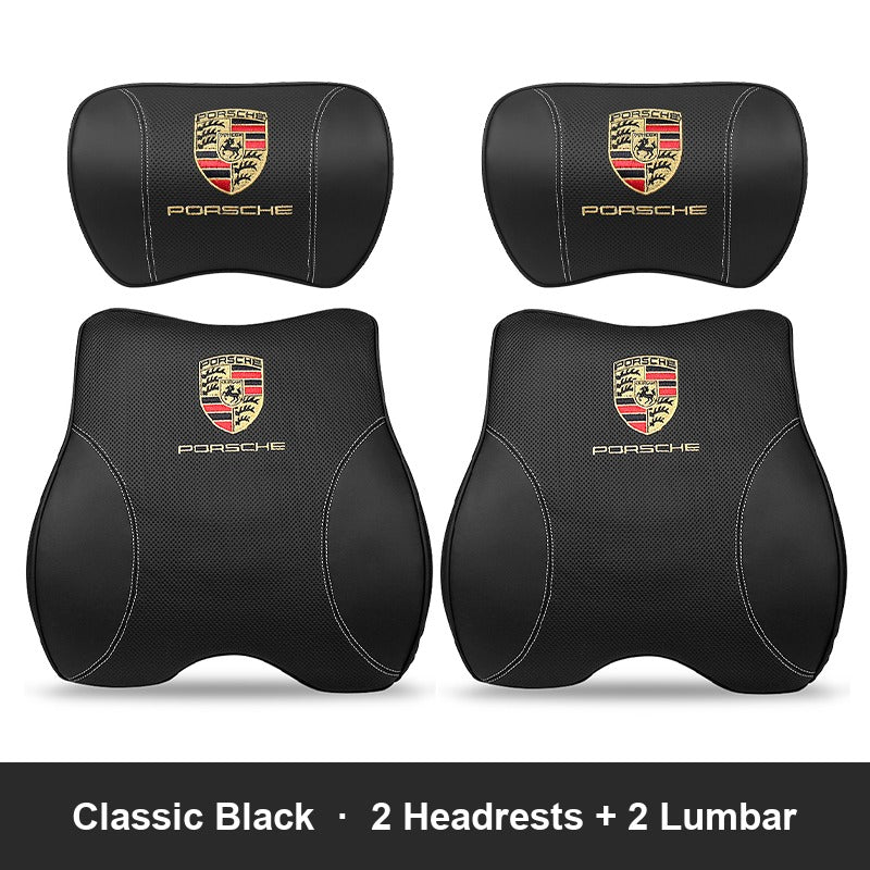 Porsche leather headrest pillow – Classic Black, 2 Headrests + 2 Lumbar