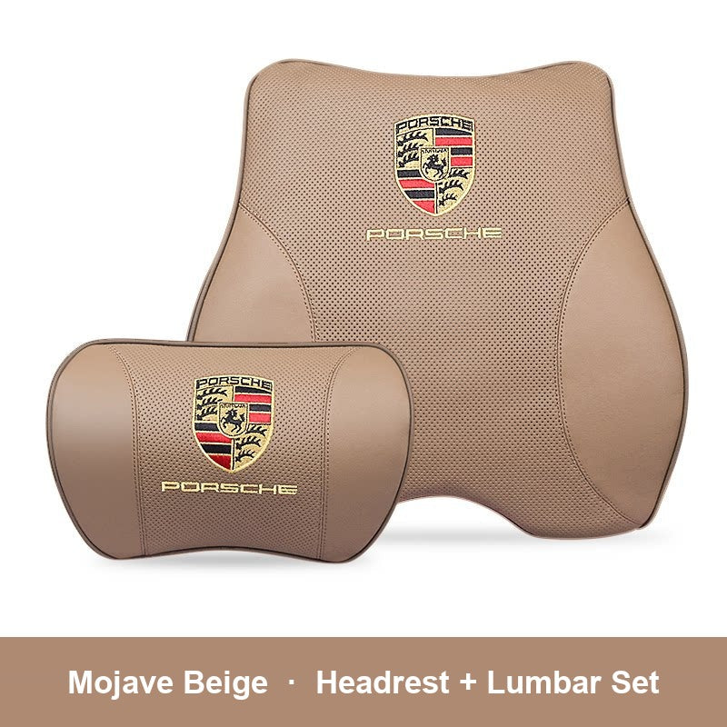Porsche leather headrest pillow – Mojave Beige, Headrest + Lumbar Set