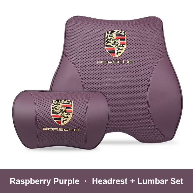 Porsche leather headrest pillow – Raspberry Purple, Headrest + Lumbar Set