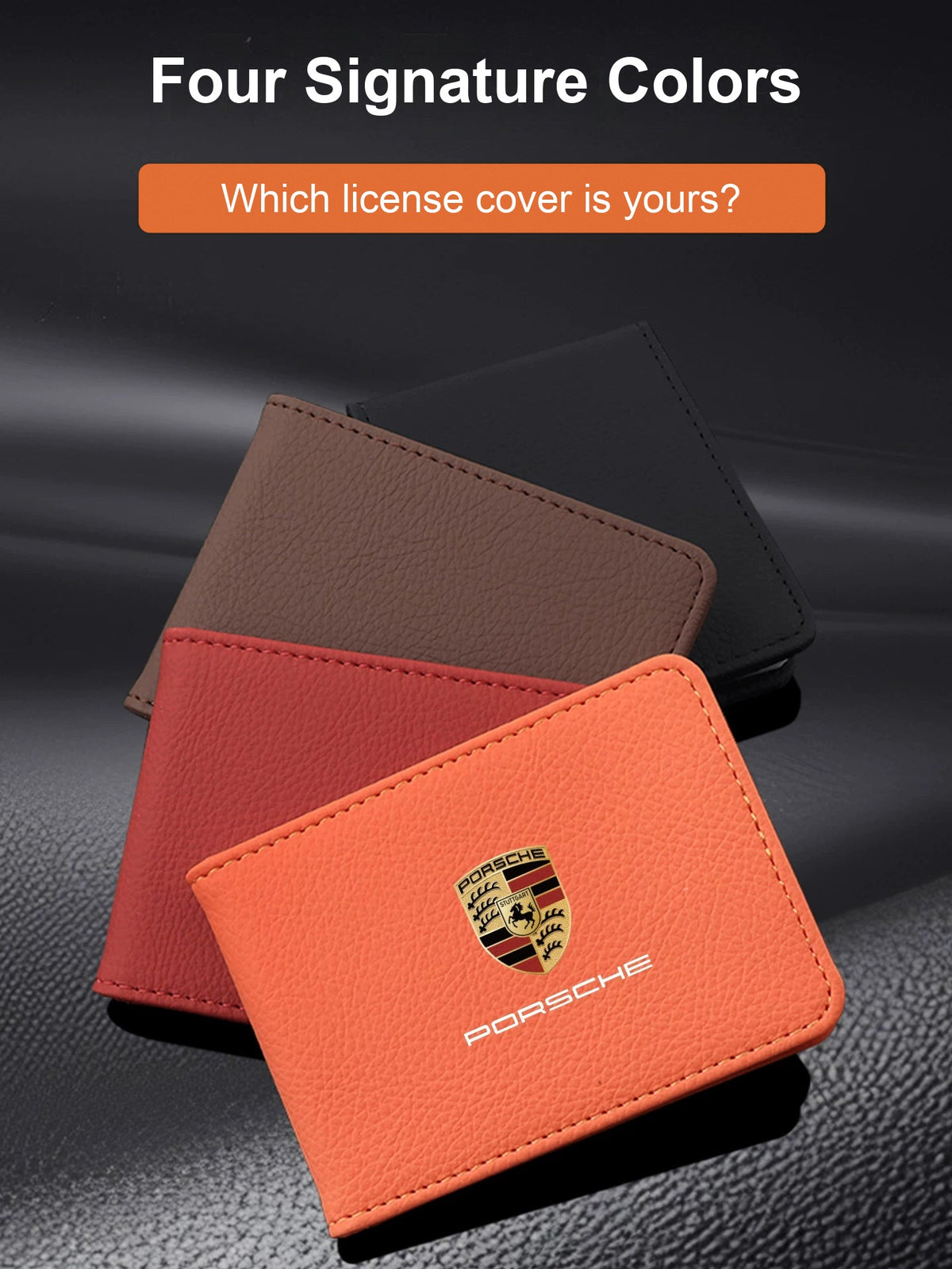 Porsche license holder in four colors: orange, red, brown and black