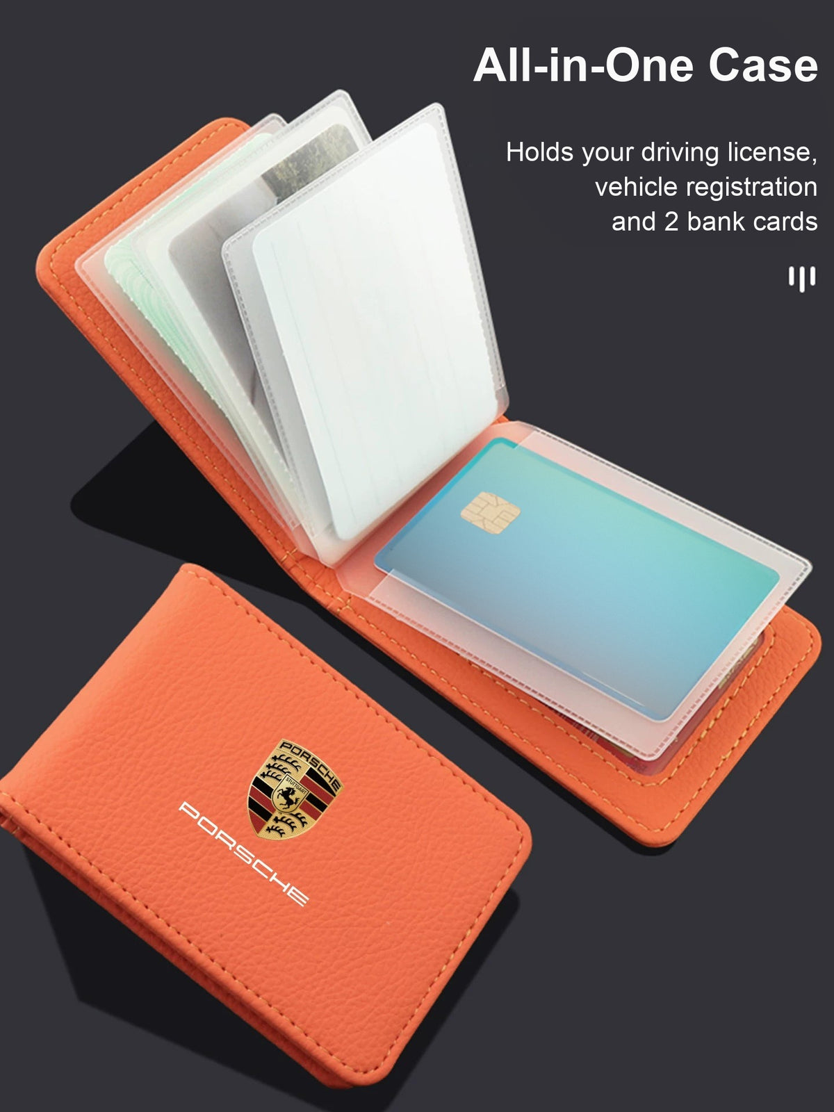 Open Porsche all-in-one case with clear sleeves for license, registration and bank cards