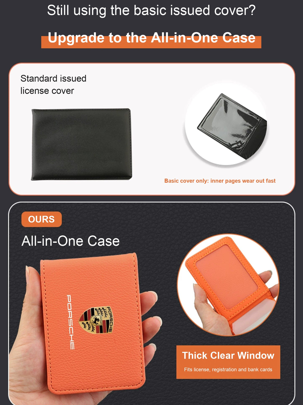 Porsche all-in-one license case compared with a basic issued cover, thick clear window