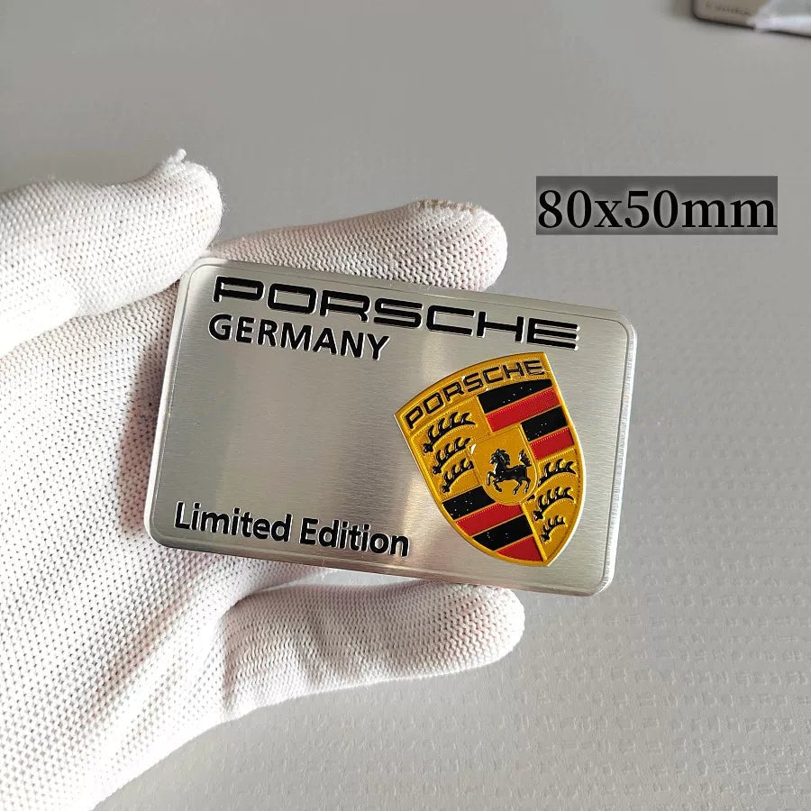 Silver brushed metal Porsche Limited Edition crest badge, 80 x 50 mm