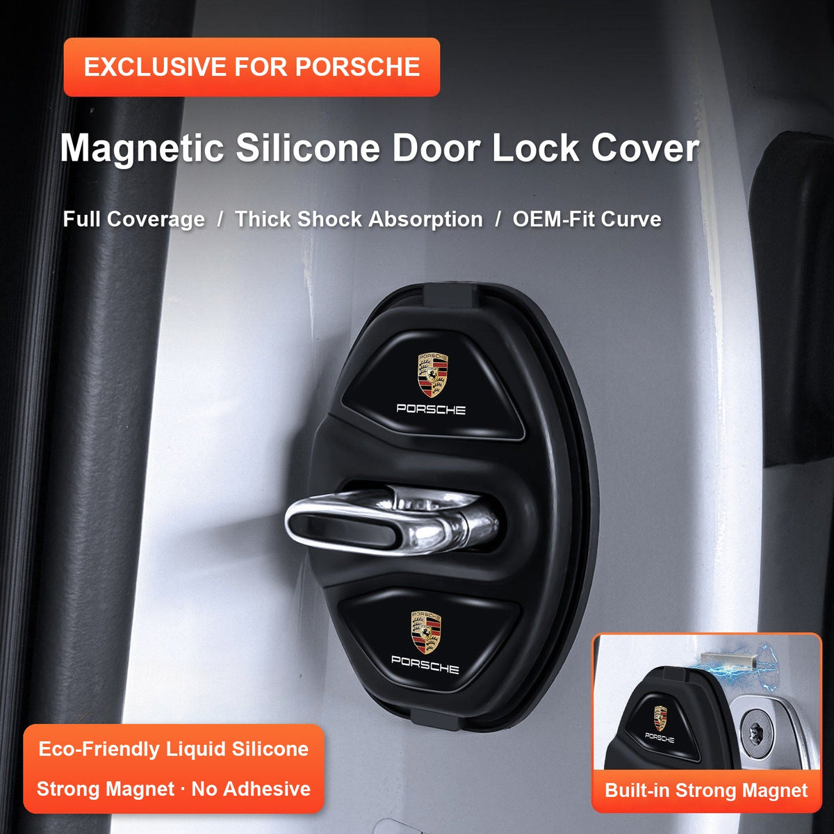 Porsche magnetic silicone door lock cover in black fitted on door striker
