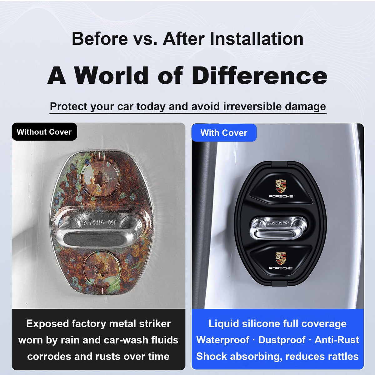 Before and after installing the Porsche door lock cover, rusted striker vs covered