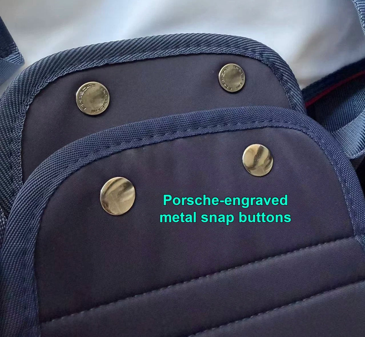 Porsche-engraved metal snap buttons on the Martini Racing duffel bag