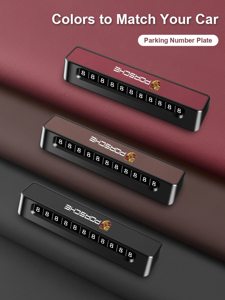 Porsche parking number plates in Volcano Red, Mocha Brown and Black