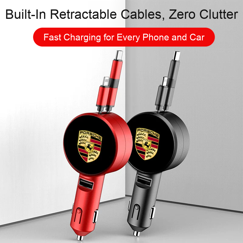Porsche retractable car charger in red and black with built-in retractable cables