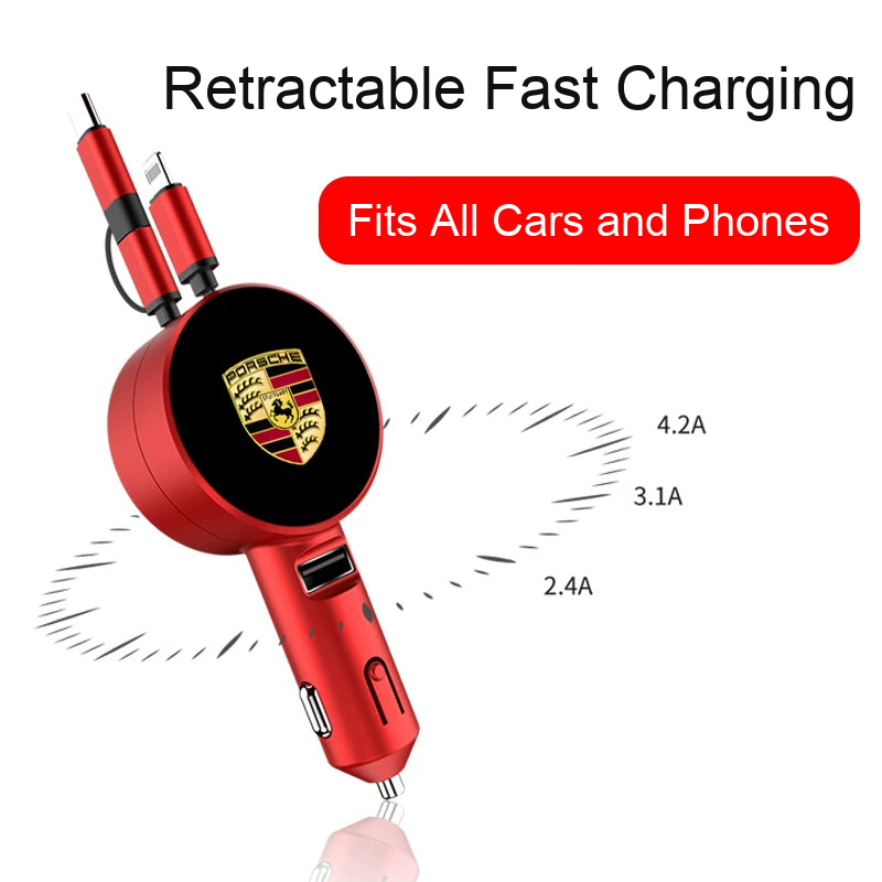 Porsche retractable fast charging car charger, fits all cars and phones