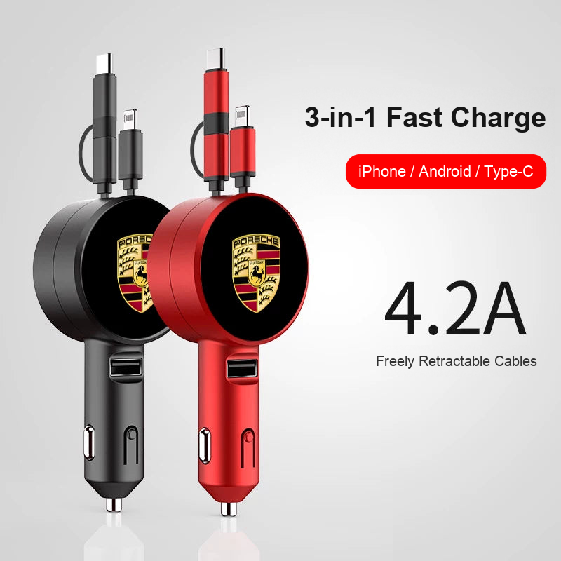 Porsche 3-in-1 retractable car charger for iPhone, Android and Type-C, 4.2A