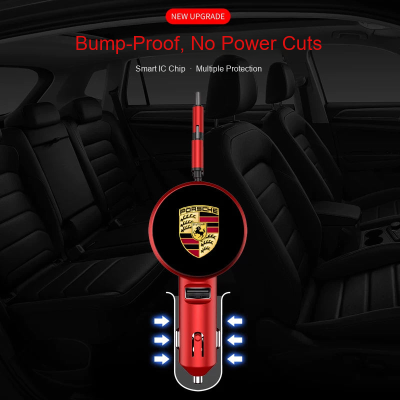 Porsche retractable car charger with bump-proof smart IC protection
