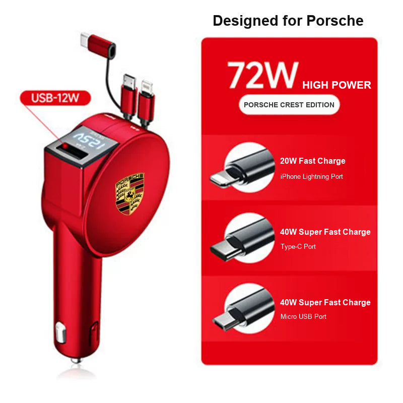 Porsche retractable car charger, Red Digital Display 72W 3-in-1
