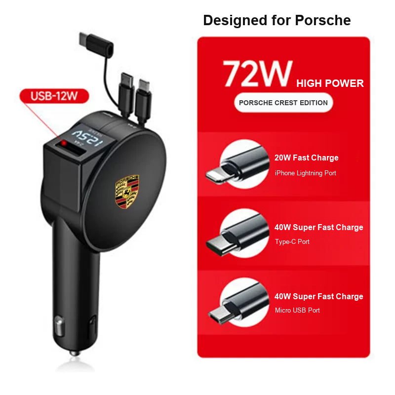 Porsche retractable car charger, Black Digital Display 72W 3-in-1