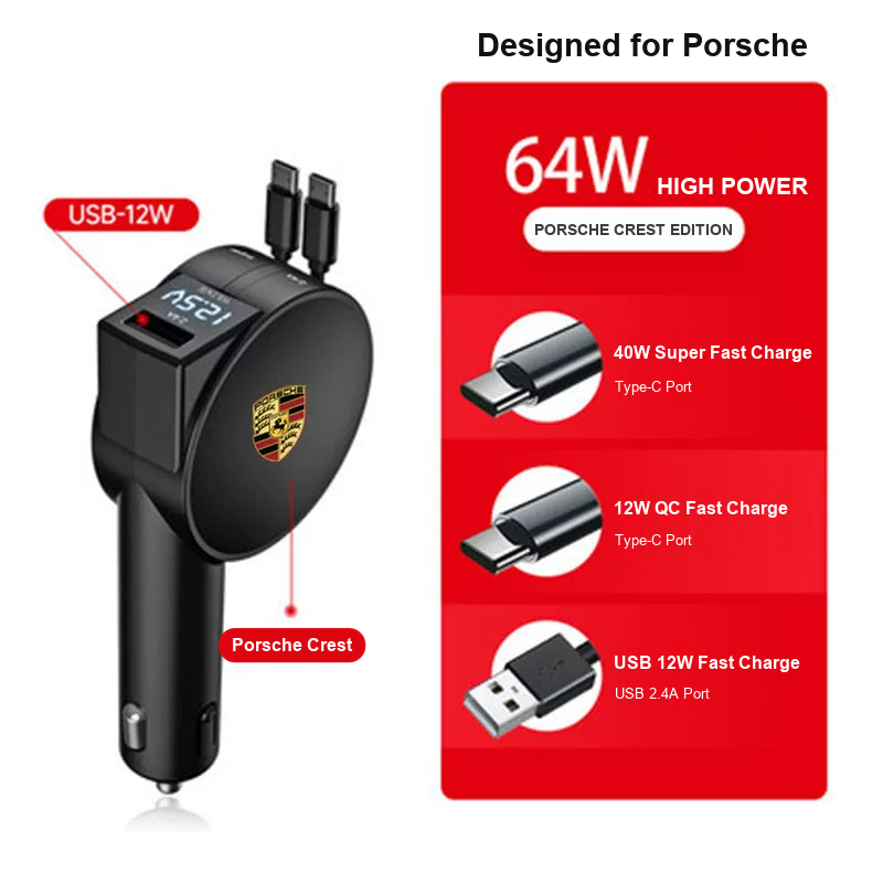 Porsche retractable car charger, Black Digital Display 64W Dual Type-C