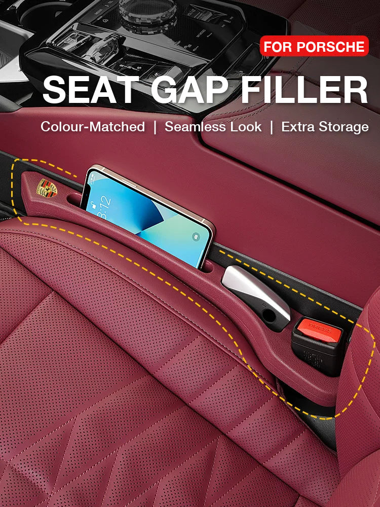 Porsche seat gap filler with phone slot, colour-matched to the interior
