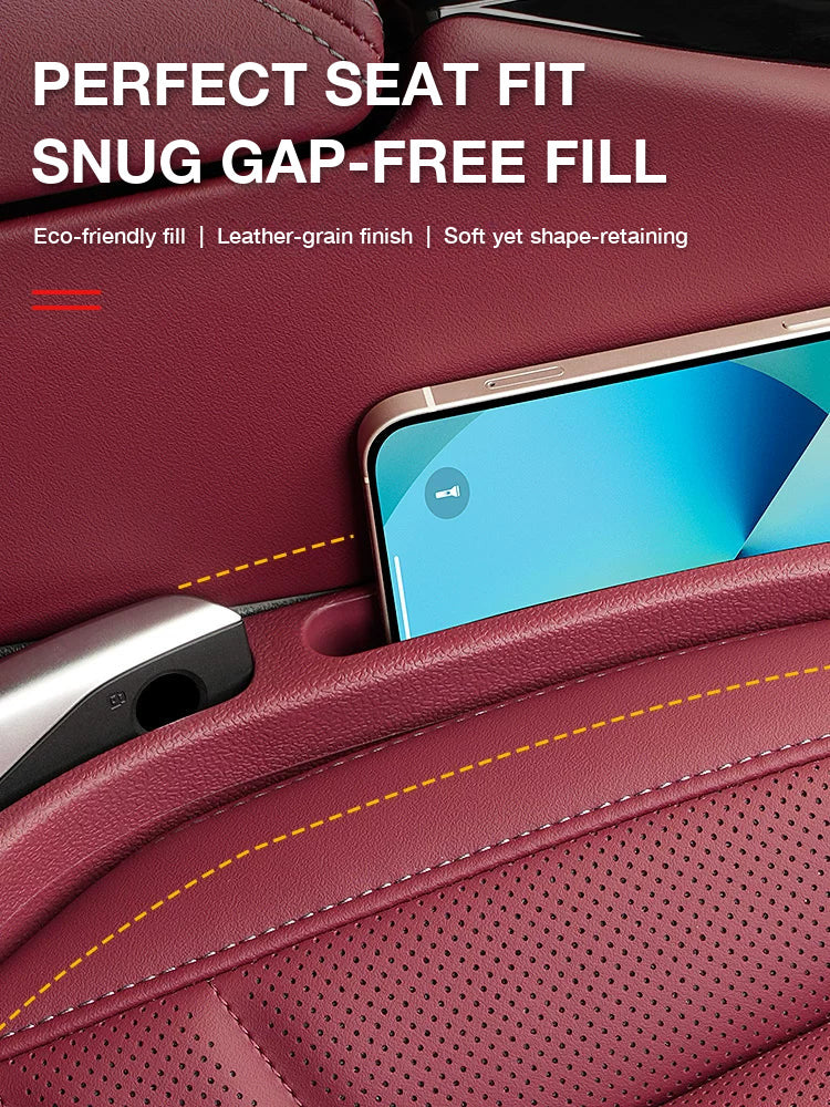 Close-up of the leather-grain seat gap filler holding a phone, fitted snugly to the seat