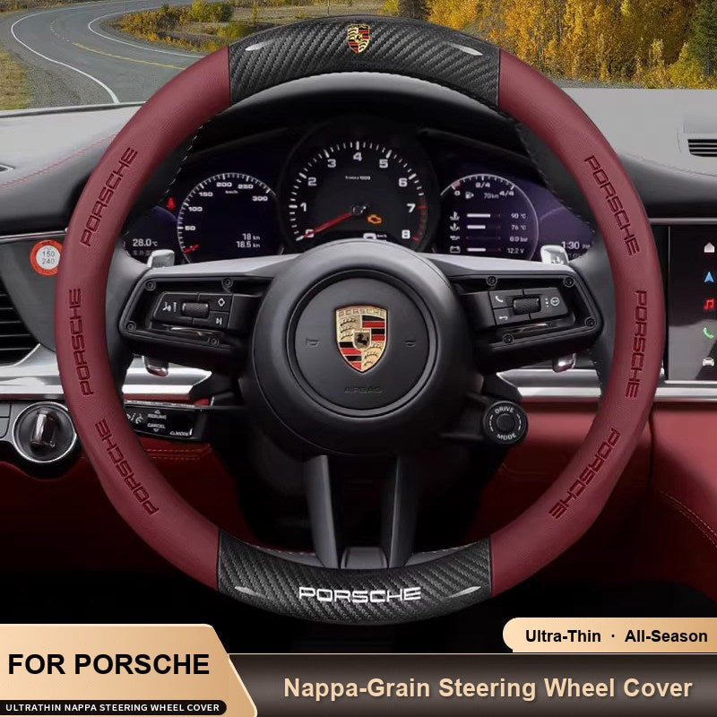 Porsche steering wheel cover – carbon fiber with burgundy nappa-grain sides