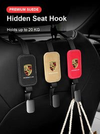 Porsche Signature Suede Seat Back Hooks – Hidden Crest Headrest Hangers, 20 KG Hold